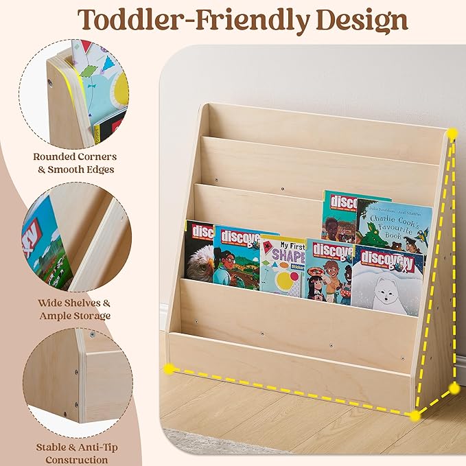 Montessori 5-Tier Kids Bookshelf, Wood Toddler Book Display Shelf & Baby Book Rack for Playroom, Nursery & Children's Room