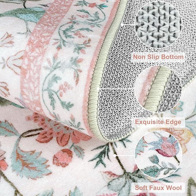 Floral Washable Runner Rug, 2x6 Pink Rug Runners for Hallways Non-Slip, Soft Low Pile Flower Birds Long Bathroom Mat Botanical Throw Carpet for Kitchen Laundry Entryway Porch
