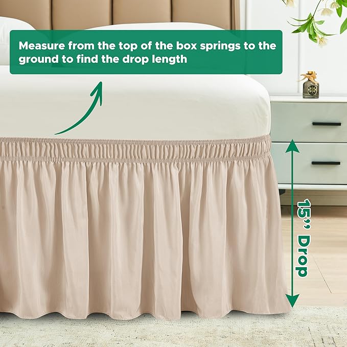 Biscaynebay Wrap Around Bed Skirts with Adjustable Belts for Full & Full XL Beds 15" Drop, Sand Elastic Dust Ruffles Easy Fit Wrinkle & Fade Resistant Silky Luxurious Fabric Machine Washable