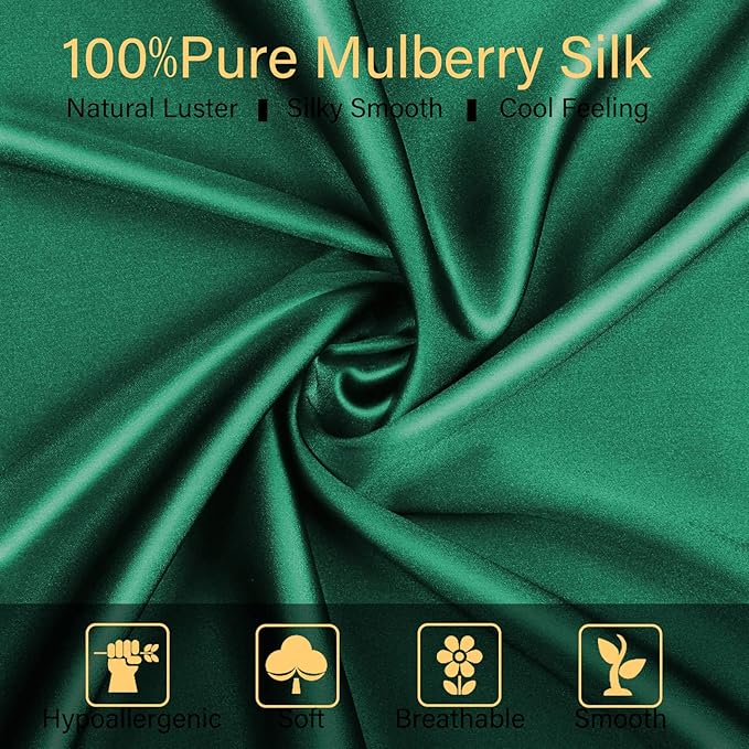 100% Mulberry Silk Pillowcase 2 Pack for Hair and Skin,with Hidden Zipper,Both Sides 22 Momme Natural Silk Pillow Cover,Soft Breathable & Smooth (Dark Green, King)