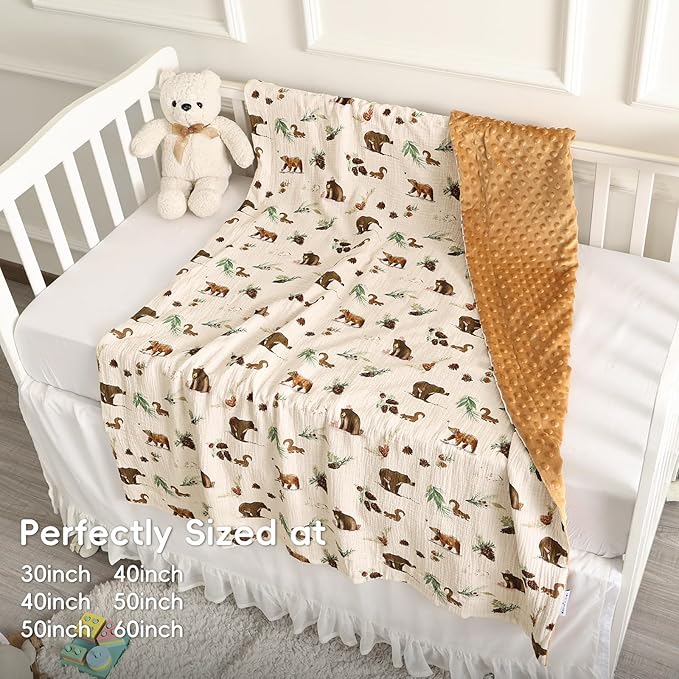 david's kids Muslin Minky Baby Blanket for Boys with Muslin Cotton Front and Dotted Fleece Backing, Breathable and Soft Lightweight Receiving Blanket for Newborns, 40x50 Inches, Woodland Animals