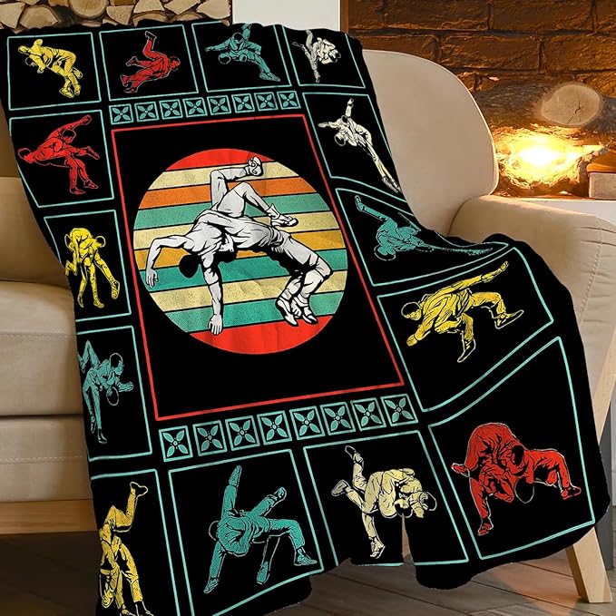 Wrestling Fleece Blanket Sports Wrestle Throw Blankets for Girls Boys Super Soft Warm Flannel Vintage Colorful Throws Gifts for Men Women Cozy Fuzzy Plush Stuffed Couch Bed Bedding Decor 60"x50"
