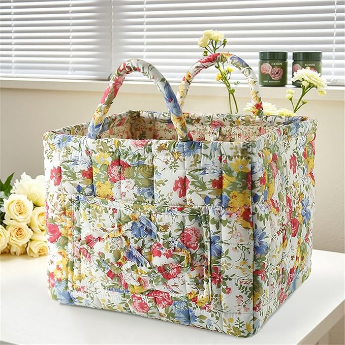 Boho Fabric Storage Basket, Collapsible Floral Laundry Nursery Hamper, Portable Folding Organizer Bin for Home Office Picnic Clothes Toys Books Sundries Storage (Floral 7)