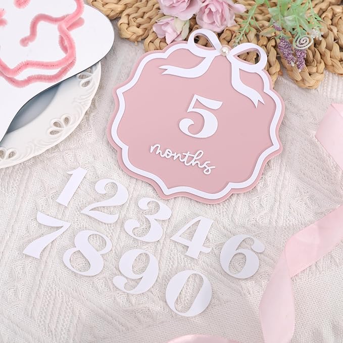 Pink Acrylic 1 to 12 Months Milestone Cards - Little Princess First Year Photo Props,Double Sided Monthly Growth Record Sign,Newborn 1st Birthday Milestone Board,Bow Nursery Decorations