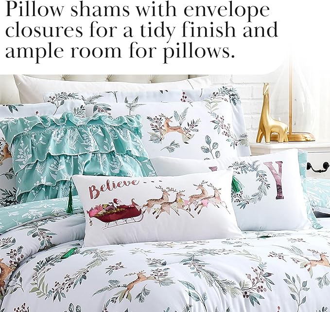 Southshore Fine Living, Inc. 6-Piece Reversible Christmas Bedding Queen, White Christmas Comforter Set Queen Size/Full, 2 Throw Pillows, 2 Shams, 1 Throw Pillow Cover, Holiday Bedding - Happy Holidays