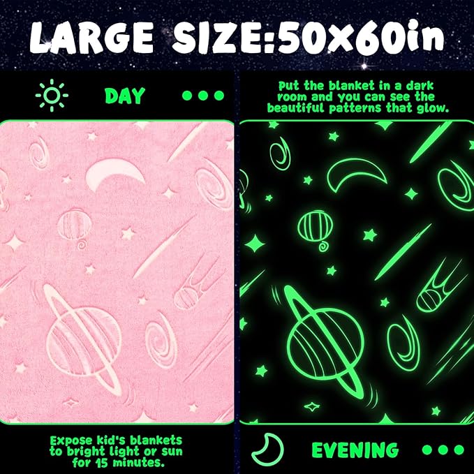 inhand Pink Blanket Girl Room Decor Glow in The Dark Blanket Soft Cute Space Star Moon Galaxy for Kids Birthday Gifts Planet Toys for 1,2,3,4,5,6,7,8,9,10Years Old (30''x40'' Pink)