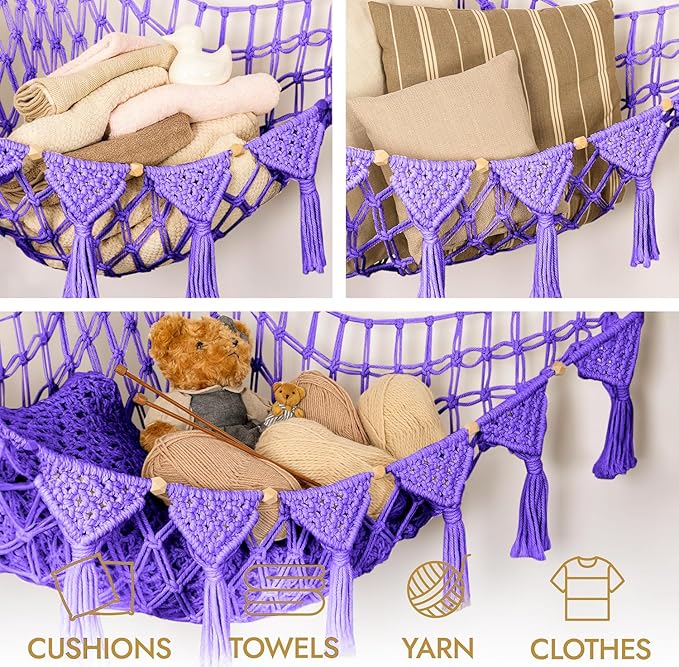 Macrame DreamLights Boho Stuffed Animal Storage Net Hammock Extra Large Plush Toy Storage Holder For Small Or Large Plushies PURPLE (Purple)
