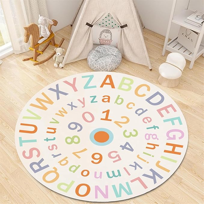 Children's Round Colorful ABC Rug,3.3ft,Soft Fluffy Alphabet Educational Rug, Non-Slip Washable Children's Crawling Game Rug Carpet for Boys Girls Bedroom Playroom Nursery Decoration