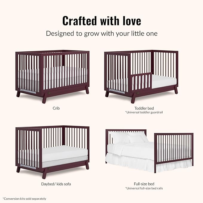 Dream On Me Hygge 5-in-1 Convertible Full-Size Baby Crib in Auburn, GreenGuard Gold & JPMA, Converts to Toddler, Day & Full-Size Bed, Adjustable Mattress Heights, Modern Nursery