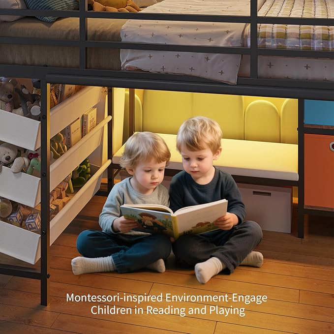 DICTAC Low Twin Loft Bed with Reading Corner,3 Sling Drawers and 2 Movable Storage Bins,Metal Twin Size Loft Bed for Kids with LED Lights and Storage Basket,13.98" H Safety Guardrail & Stairs, Black