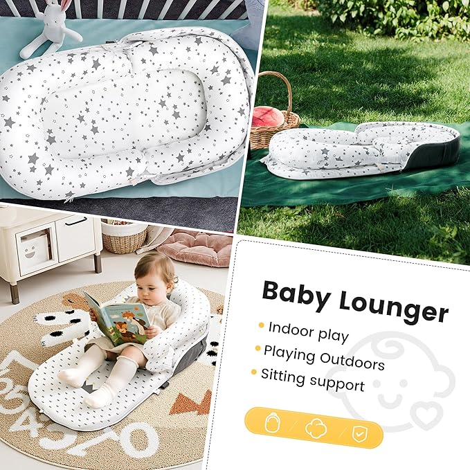 AmazingLife Baby Lounger, Newborn Lounger with Mosquito Net, Converts to a Backpack for Easy Carrying, Gifts for Babies Aged 0-12 Months, Star