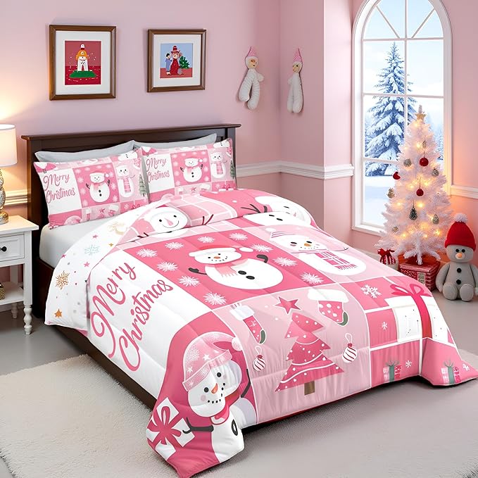 Xmas Bedding Set Full Size,Snowman Christmas Tree Snowflake Comforter Set for Kids Boys Girls Room Decor,Pink Plaid Patchwork Duvet Insert 3Pcs,Merry Christmas Cartoon Quilt Set,2 Pillowcases