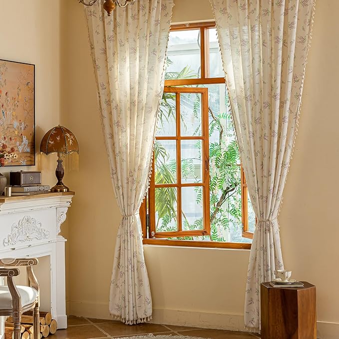 ENJOYBRIDAL Purple Floral 63 Inch Curtains for Living Room Decor Drapes Semi Sheer Bedroom Rod Pocket Short Window Curtains 2 Panels Tassel Aesthetic Farmhouse Cute Boho Window Treatments