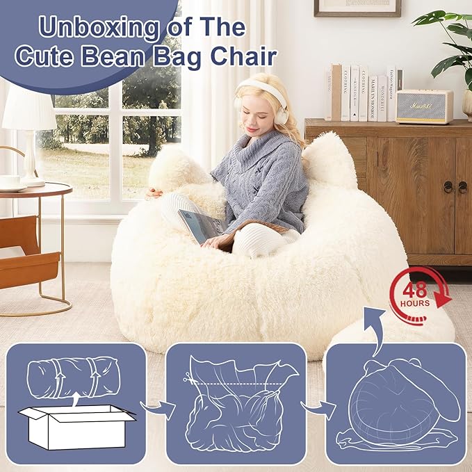 Bean Bag Chair for Adults Teens Giant Faux Fur Bean Bag Chairs with Filler Fluffy Plush Cat Shaped Beanbag Couch Comfy Accent Floor Sofa for Gaming, Reading in Living Room, Bedroom, Dorm