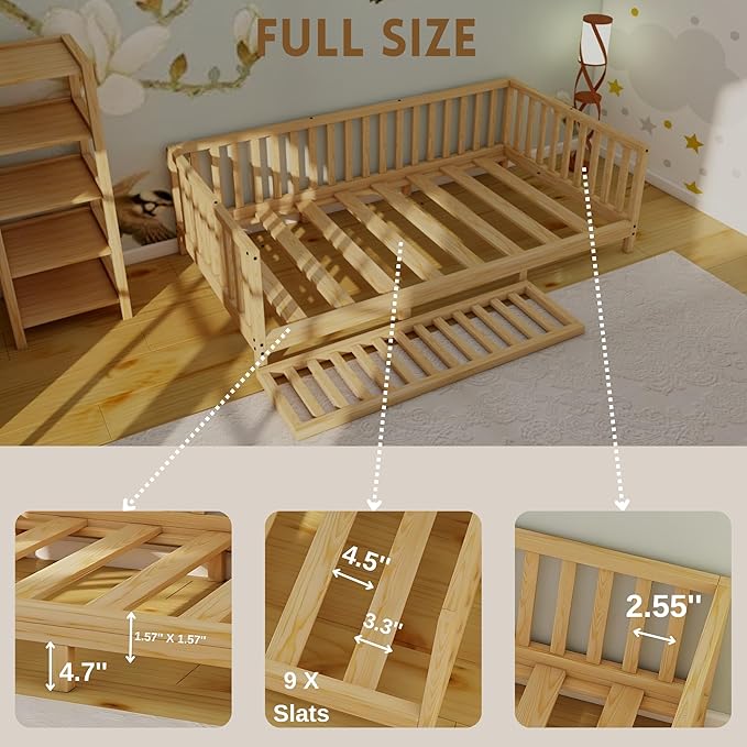 Montessori Floor Bed Designed with Open Front for Girls and Boys | Pine Wood Natural Solid Frame Beds Footed Model with Slats | Sturdy Designed Floor Bed Frame for Kids (Full, Height : 23 Inches)