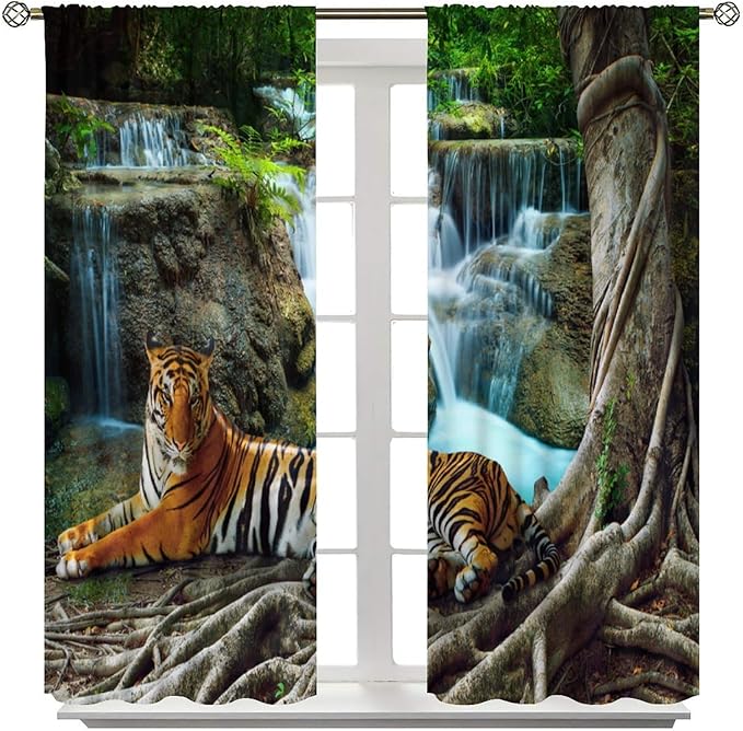 Waterfall Landscape Blackout Curtains, Spring Forest Animal Tiger Tree Waterfall Nature Window Drapes, for Bedroom Living Room 84" W X 84" L