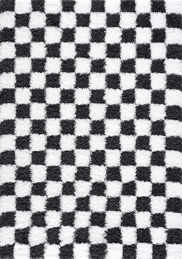 Hauteloom Atira Contemporary Checkered Fluffy Shag Area Rug - Modern Geometric Carpet Tiles for Living Room, Kids Room, Nursery - Plush Pile - White,Black - 8'10" x 12'