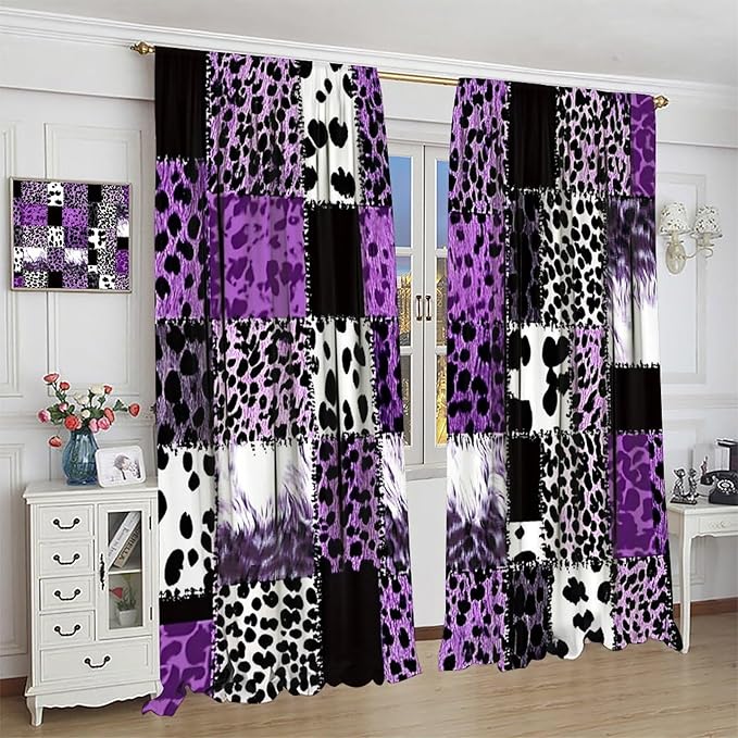 Brown Leopard Curtain, Purple Patchwork Cheetah Panthera Zebra Giraffe Print Safari Wildlife African Wild Animal Skin Window Curtains for Living Room Bedroom 42" W X 63" L