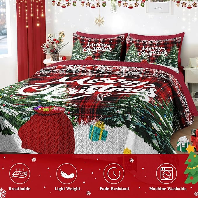 Christmas King Size Quilt Set, Green Cartoon Trees Lightweight Bedspread Coverlet with Pillow Shams for Kids and Adults, Black Red Plaid 3 Pcs Bedding Bed Cover