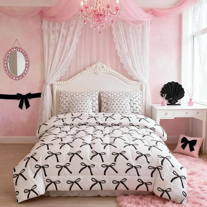 7 Pieces Cartoon Bowknot Kids Comforter King Size,Bow Tie Geometric Patchwork Modern Bedding Set,Bow Butterfly Knot Black White Simple（Comforter+Fitted+Flat+2 Pillowcases+2 Throw Pillow Covers）