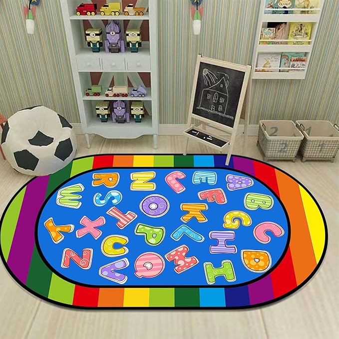 Colorful Cartoon Kid Area Rug, 3x4ft, ABC Alphabet Educational Learning Oval Rug, Rainbow Stripe Border Rug, Non-Slip Indoor Playmat, Children's Gift for Playroom, Bedroom and Nursery