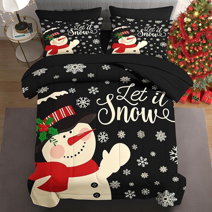 7 Pcs Queen Size Christmas Comforter Set with 2 Pillowcases & 2 Shams, Black Cartoon Snowman Bedding for Kids and Adults, Retro Snow Scene Bed in a Bag with Flat Fitted Sheet