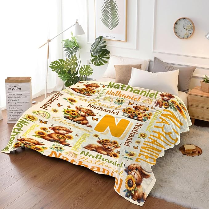 Personalized Custom Sunflower Highland Cow Blanket Gift for Kids Boys Girls with Name - Customized Sunflower Highland Cow Super Soft Flannel Sheets Decor for Crib Nap Couch - 90"x120" for Whole Family