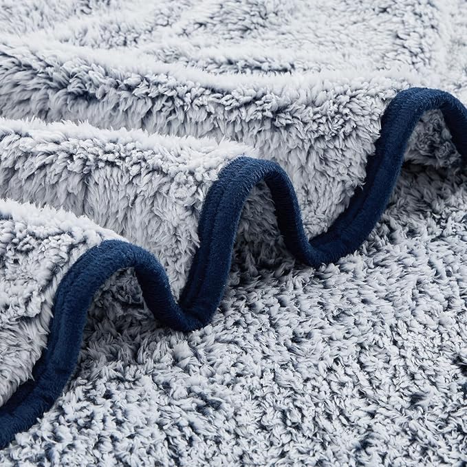 EMME Soft Sherpa Fleece Blanket Queen Size Reversible Plush Fluffy Large Blanket Warm Decorative Boho Cover for Sofa, Couch, Bedroom,Travel(Plush Navy,90"x90")
