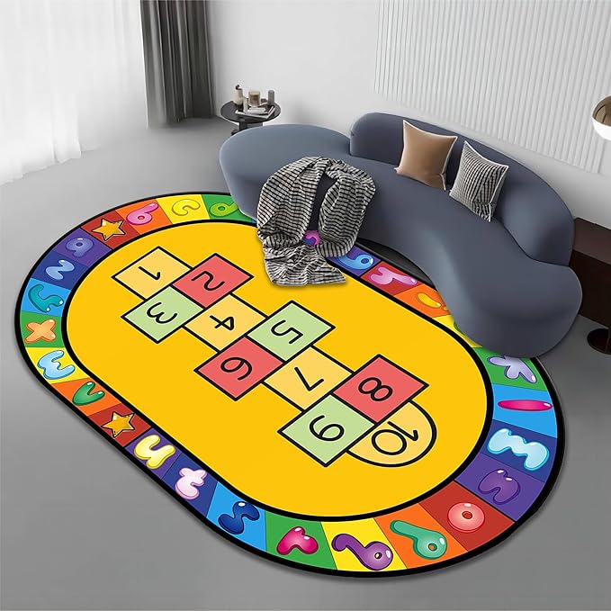 Kids Hopscotch Area Rug, 4x5ft, Playmat for Boys & Girls, Alphabets and Numbers Educational Learning & Fun Game Oval Rug, Soft Non-Slip Machine Washable Rug for Playroom Classroom Nursery