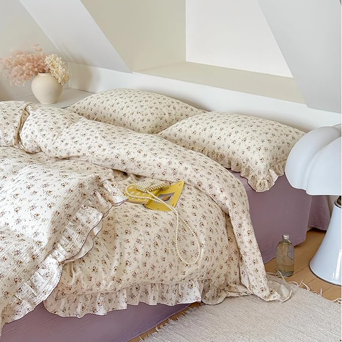 BuLuTu Cottage Floral Duvet Cover King, Soft Breathable Muslin Cotton Comforter Cover 90"x104", Princess Ruffles Bedding Quilt Covers, Zipper Closure,4 Ties, Crapemyrtle Print, No Pillow