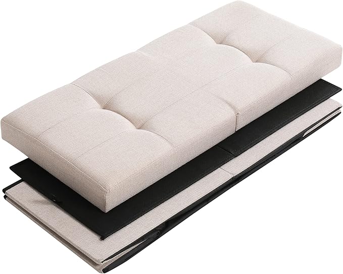 Cuyoca Foldable Seat Footrest Shoe Bench End of Bed Storage with Flipping Lid, 75L Storage Space, 30 inches Linen Fabric Beige