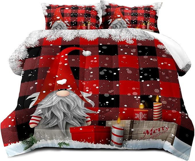 LUVIVIHOME 3PCS Merry Christmas Comforter Set Full Size, Funny Gnome Bedding, Red and Black Plaid Winter Snowflake Christmas Bedroom Decor for Kids Boys Girls Teens Toddler, Xmas Gifts, 2 Pillow Shams