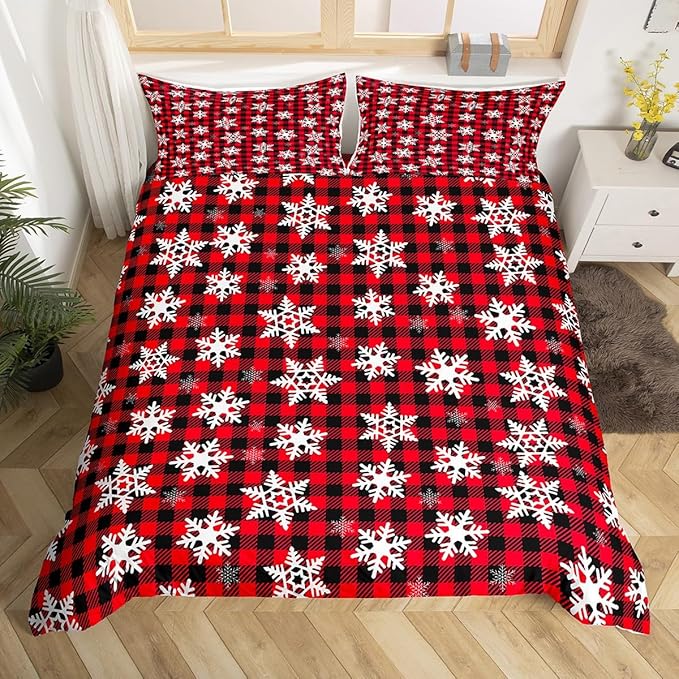Christmas Kids Bedding Set Snowflake Xmas Theme Bedding Duvet Cover Set for Boys Girls Red Black Buffalo Check Decor Comforter Cover Set New Year Bedspread Cover Bedroom Quilt Cover 3Pcs Full Size