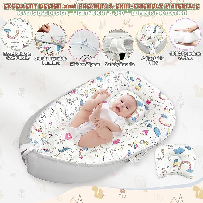 JIFTOK Baby Nests Lounger for Newborn, Snuggle Bassinet for 0-24M, Breathable Portable Co Bed, Baby Essentials Adjustable Infant Soft Cotton Loungers for Home & Travel -Ice Cream