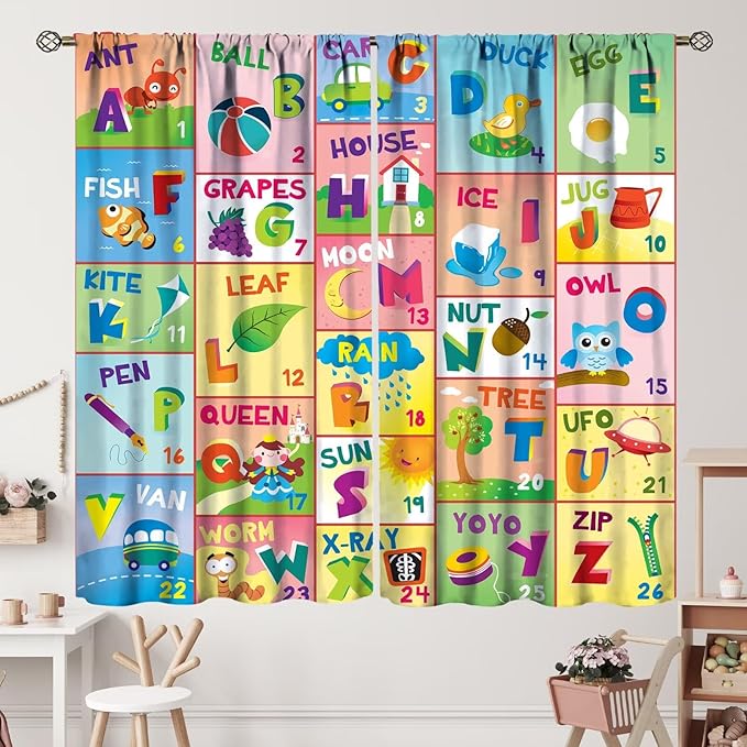 Colorful ABC Classroom Nursery Curtains Kids Alphabet Learning Baby Boys Girls Curtain with Rod Pocket for Children Toddler Playroom Home Drapes Window Treatments 2 Panels Set 42" W X 45" L