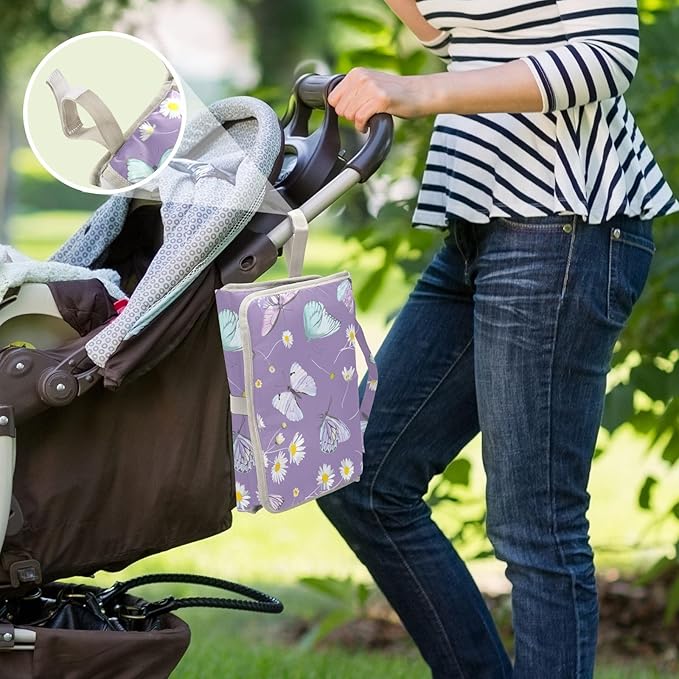 Portable Changing Pad for Baby - Butterfly Purple Waterproof Diaper Changing Mat Travel Changing Pad with Built-in Pillow - Shower Gift for Baby