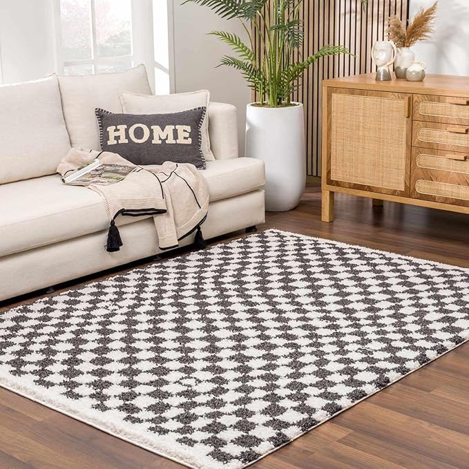 Hauteloom Kieu Contemporary Checkered Fluffy Shag Area Rug - Modern Geometric Soft Carpet Tiles for Living Room, Kids Room, Nursery - Black, White - 6'7" x 9'