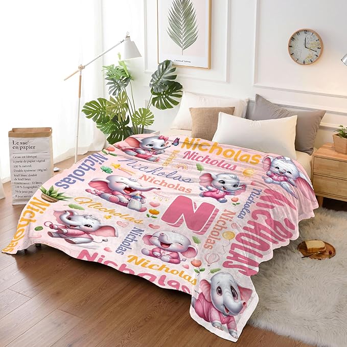 Personalized Custom Pink Elephant Blanket Gifts for Kids Boys Girls with Name - Customized Pink Elephant Super Soft Lightweight Flannel Sheets Decor for Crib Nap Couch - 60"x80" for Adult