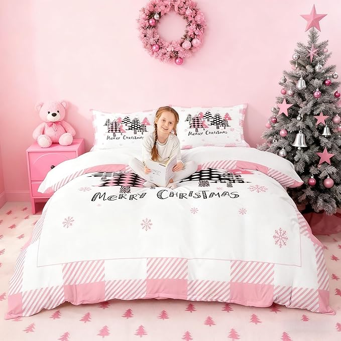Merry Christmas Duvet Cover Set Queen Size, Pink Plaid Xmas Trees Bedding Set 3pcs, New Year Holiday Quilt Cover with Zipper Closures, Kids Girls Santa Claus Room Decor, 2 Pillowcases, No Comforter