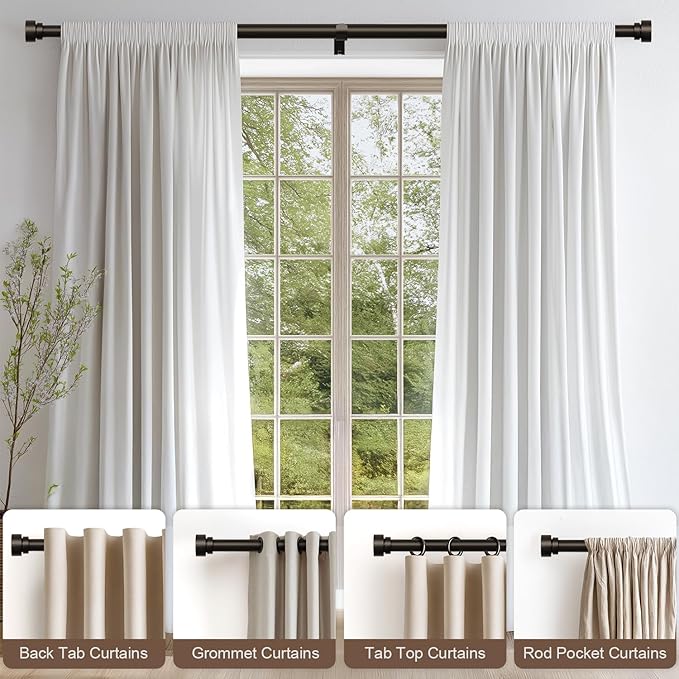 Modern Brown Curtain Rods for Windows 72 to 144 Inches Adjustable Length Heavy Duty 1" Diameter Window Curtain Rod with Decorative Finials for Outdoor Farmhouse Bedroom Kitchen Living Room