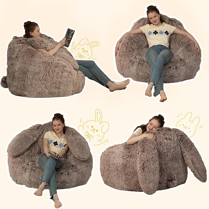 Bean Bag Chair for Adults Kids Giant Fluffy Plush Bean Bag Sofa with Filler Faux Fur Rabbit Shaped Beanbag Chairs Comfy Accent Floor Couch for Gaming, Reading in Bedroom, Living Room, Dorm