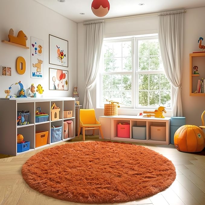 Amdrebio Burnt Orange Round Circle Rug 4Ft for Bedroom Living Room Aesthetic, Fluffy Fuzzy Furry Shaggy Area Rugs for Kids Room Decor, Small Plush Shag Dark Orange Carpet for Nursery Dorm Classroom