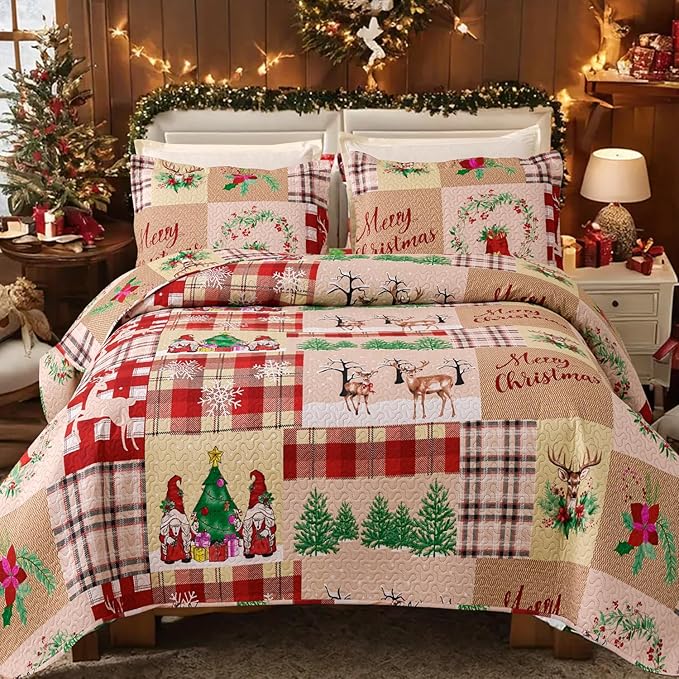 Christmas Bedding Set Twin Christmas Quilt Bedspread,Gnome Santa Claus Plaid Patchwork Xmas Quilt Set Bedding Holiday Christmas Quilts Decor Gift Elk Pattern Lightweight Reversible Bedspread Coverlet