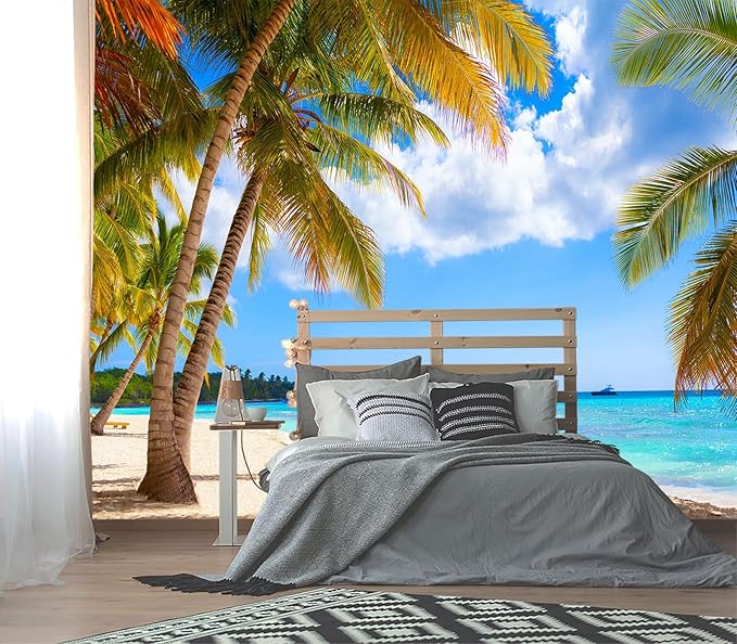 XMPMBM-Beach Palms Landscaping Fabric Wallpaper Tree Leaf Living Room Bedroom Bathroom Wall Mural-W 132" X H 92"（93 Square Foot）