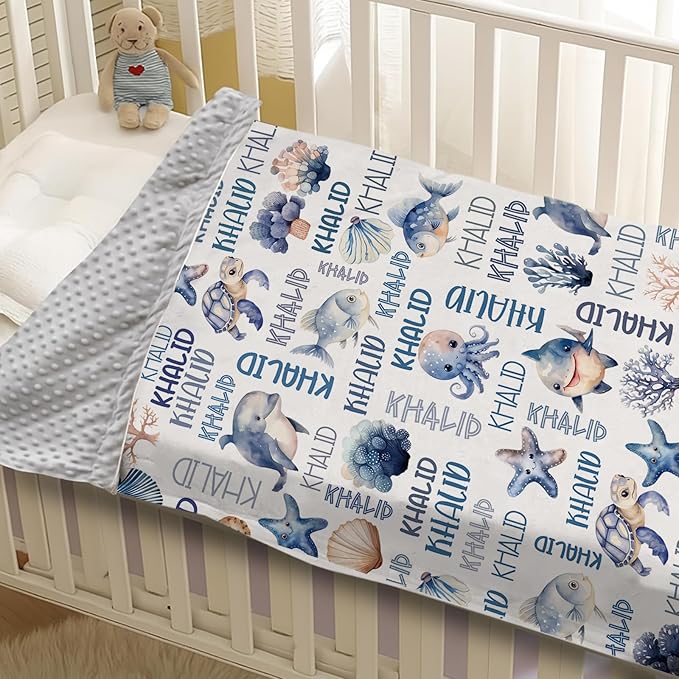 Personalized Baby Blanket with Name, Customized Blanket for Newborn Boys Girls, Ocean Animals Flannel Baby Name Blanket with Dotted Backing, Receiving Swaddle, Gifts for New Parents(60" x80)