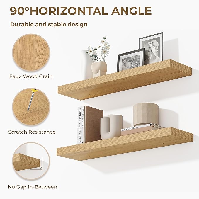 Dreamland 36 Inches Floating Shelves for Wall, 9.3" Deep Long Floating Shelves Set of 2, Large Display & Storage Shelf, Wall Shelf for Bathroom Bedroom Living Room Kitchen Office, Oak