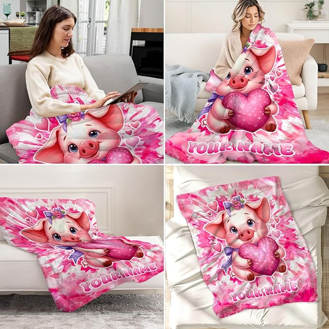 Blanket for Adults - 60" x 80" Inches Personalized Pig Throw Blankets for Girls, Women - Comfortable Warm Throw for Chair, Living Room