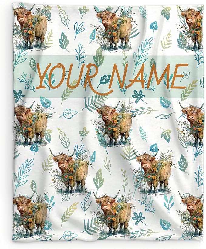 Custom Highland Cow Blanket Gifts with Name. 50x40 Inches Cute Throw Blanket for Women Girls, Yellow Soft Fuzzy Vintage Blankets for Crib Couch Sofa Travel