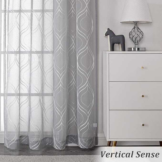 VISIONTEX Sheer Curtains 95 Inches Long 2 Panels Set Light Grey Moroccan Embroidered Curtains Trellis French Textured Rod Pocket Voile Tulle Semi Window Drapes for Bedroom Living Room 54 x 95 Inches
