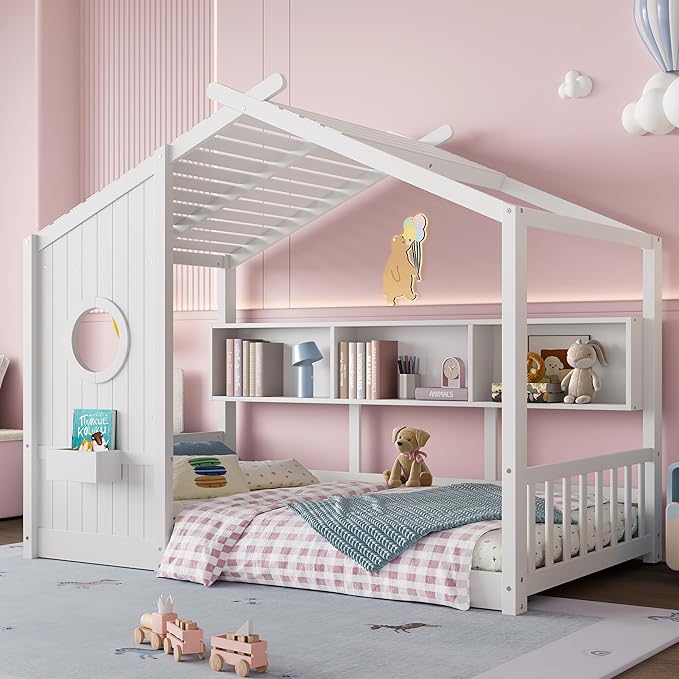 Merax Wood Cute House Bed with Storage Shelves, Twin Size Floor Platform Bed Frame with Headboard & Roof Design, No Box Spring Needed, White